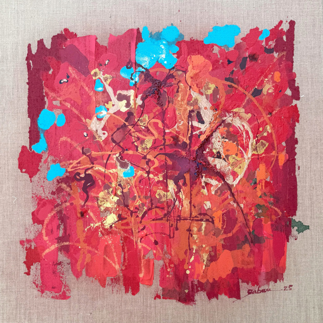 GABAN, Solstice Ardent, 2025 — Acrylique sur toile de jute brute — 100 x 100 cm