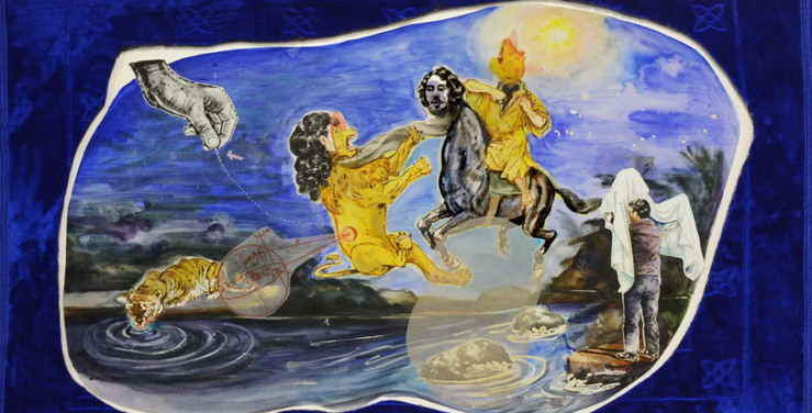 Mohamed Lekleti, Radieux dans la nuit sombre, 2026 — Technique mixte sur papier et tapis marouflé sur bois, plexiglas — 80 x 130 cm