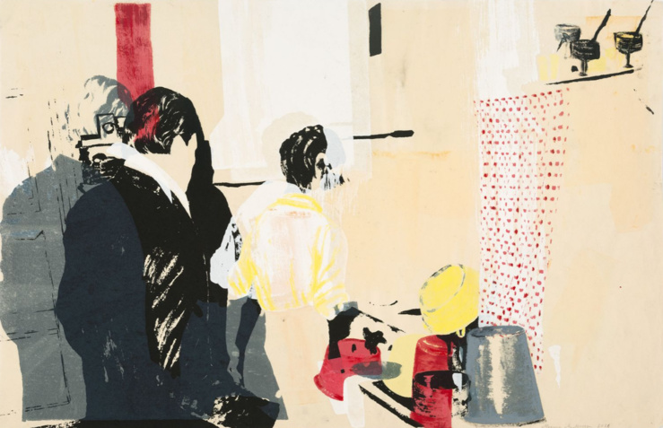 Mamma Andersson, Scenes from a Marriage, 2026 (Detail) — Mixed media over screenprint proof on rice paper — 64,5 x 99,4 cm