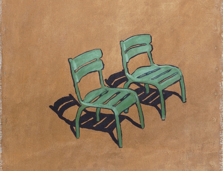 Quinn Lewis, Scène peinte pour un Kinetic Scroll (chaises vertes), 2026 — Huile sur toile
